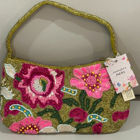 Beaded Bag Vibrant Floral Gold Hot Pink Tropical Colorful Flowers Made in India - Picture 2 of 6